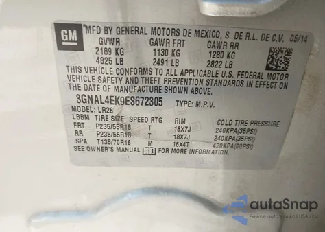 2014 Chevrolet Captiva Sport Ltz z USA, uszkodzony, nr VIN 3GNAL4EK9ES672305